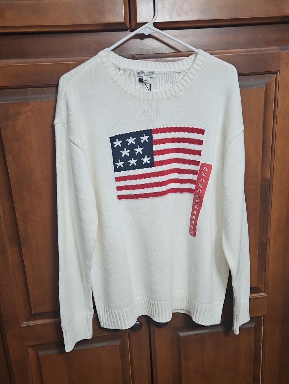 Mighty Fine Cream Crewneck Sweater with Red & Blue Flag Motif